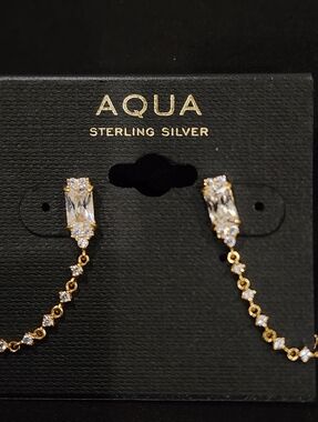 Aqua Gold-Tone Sterling Silver Crystal Chain Drop Earrings